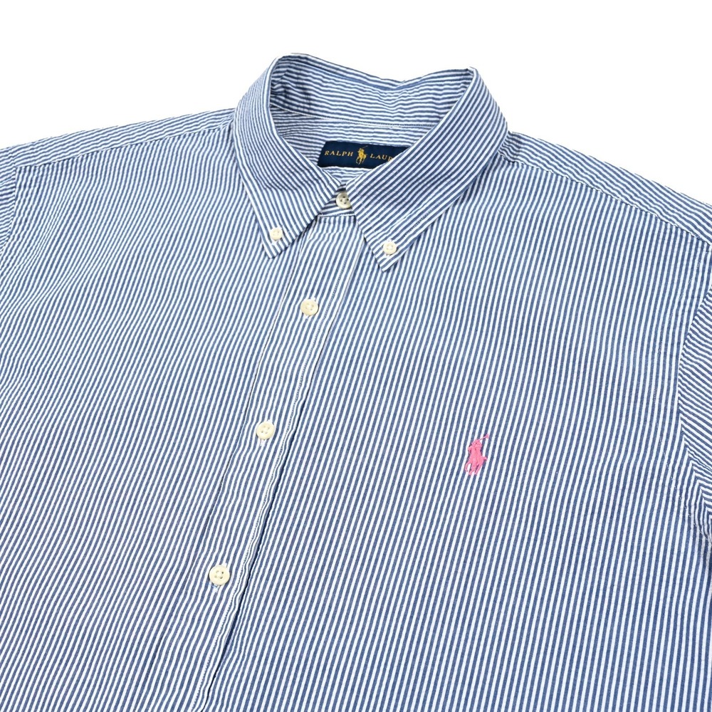 Polo Ralph Lauren Shirt Mens‎ XL Seersucker S/S Blue White Preppy Pink Pony